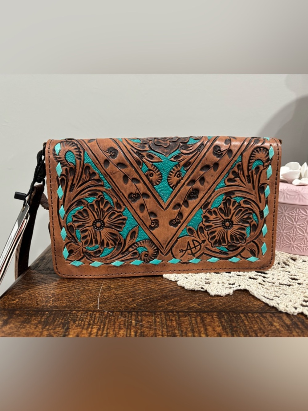 Hand-Tooled Brown Leather Clutch with Turquoise Inlay by